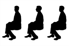 Vector Illustration Of A Man In A Suit Sitting With A Straight. Set Of Three Black Silhouettes Of A Seated Businessman. Man Sits And Looks Straight Ahead, Sideways. Arms Are Folded. Head Is Straight.