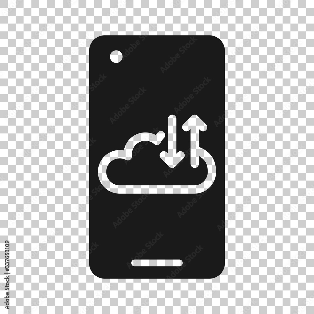 Smartphone with cloud icon in flat style. Phone network storage vector ...