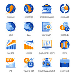 Stock trading icons set in flat style. Bear and bull market, currency exchange, stock trading bot, increase and decrease, money flow, watch list signs. Money management pictograms for UX UI design.