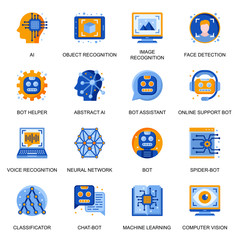 Aufkleber - Artificial intelligence icons set in flat style. Image and voice recognition, online support and assistant chatbot, neural network, computer vision signs. Machine learning pictograms for UX UI design.