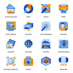Poster - Images gallery icons set in flat style. Auto enhance, creative application, art tools and filters, vector image, sync images, photo and painting signs. Cloud gallery pictograms for UX UI design.