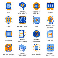 Poster - Electronics icons set in flat style. Artificial intelligence, CPU core, GPU module, computer processor, technology solution, micro scheme signs. Electronic components pictograms for UX UI design.