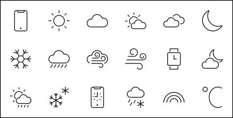 Poster - Set of Weather vector line icons. Contains symbols of the sun, clouds, snowflakes, wind, rainbow, moon and much more. Editable Stroke. 32x32 pixels.