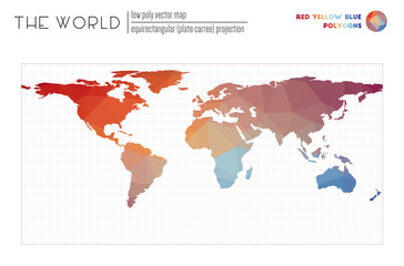  Vector map of the world. Equirectangular (plate carree) projection of the world. Red Yellow Blue colored polygons. Trending vector illustration.