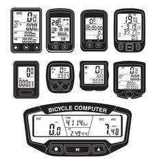  Bicycle Speedometer Computer Odometer Bike Vector illustration Digital LCD. Cycle computer. Bicycle computer on the handlebars of a bicycle.