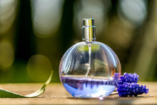 Bottle Of Perfume, A Blue Flower On The Side With Bokeh Background. Copyspace For Text.