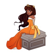 Wall Mural - Beautiful cartoon princess with black hair wearing orange ball dress sitting on stone bench.