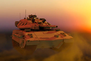 yellow tank with design that not exists on sunset, highly detailed fire fight concept - military 3D Illustration