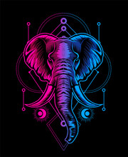 Elephant Head With Sacred Geometry Pattern-vector Retro Illustration.