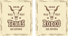 Set Of Color Illustrations Of Buffalo Skull With Text And Stars On A Background With Grunge Texture. Vector Illustration On The Theme Of The Wild West Of America In Vintage Style.