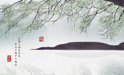 Wall Mural - Chinese ink painting art background plant elegant landscape view of tree branch by the river in a rainning day. Chinese translation : Landscape and Blessing.