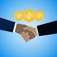 Handshake of two businessmen with a dollar sign in coins. Vector illustration.