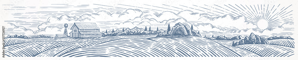 Rural landscape panoramic format with a farm. Hand drawn Illustration in engraving style. - obrazy, fototapety, plakaty 