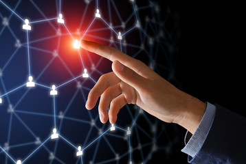 Poster - Connection between people. Hand presses abstract button