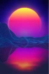 Wall Mural - retro background futuristic landscape 1980s style. digital retro landscape cyber surface. retro musi