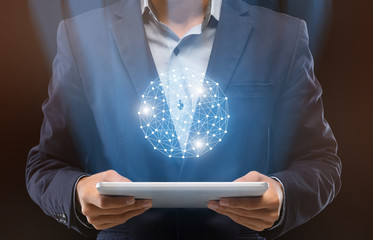 Poster - Man holds tablet. Collage with luminous ball