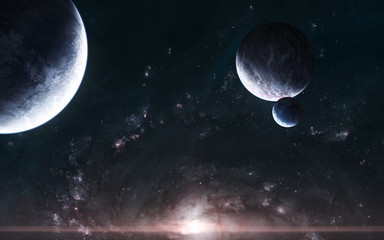 Wall Mural - planets in background of red spiral galaxy somewhere in deep space. science fiction. elements of thi