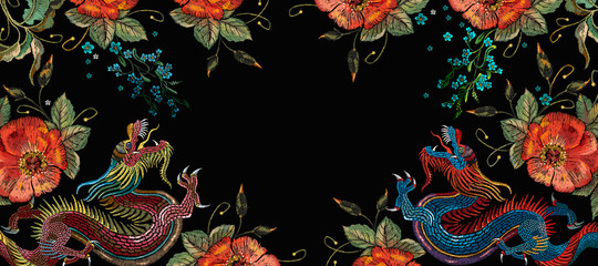 Dragons and red roses flowers. Japanese and chinese art. Fashion horizontal banner for design. Oriental asian concept