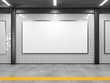 Blank horizontal big poster in public place. Billboard mockup on subway station. 3D rendering.