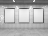 Fototapeta Przestrzenne - Three blank poster in public place. Vertical light box mockup on subway station. 3D rendering.