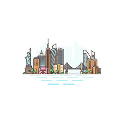 Wall Mural - New York city, USA architecture color line skyline illustration. Linear vector cityscape with famous landmarks, city sights, design icons. Landscape on white background.