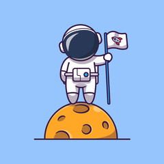 astronaut with flag on moon vector icon illustration. spaceman mascot cartoon character. science ico