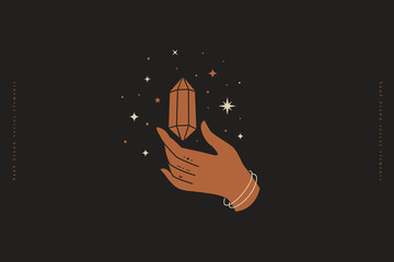 Poster - Magic crystal sparkles with stars and soars above hand. An occult symbol in trendy minimalist style on black background. Mystical quartz for spiritual practices of ethnic magic and astrological rites.
