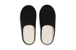 Pair of blank soft black home slippers, design mockup. Hotel bath slippers top view isolated on white background. Clear warm domestic sandal or sneakers. Bed shoes accessory footwear.