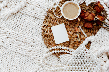 Flat Lay Fashion Beauty accessories. Top view lifestyle background. Still life concept