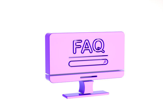 Purple Computer monitor with text FAQ information icon isolated on white background. Frequently asked questions. Minimalism concept. 3d illustration 3D render