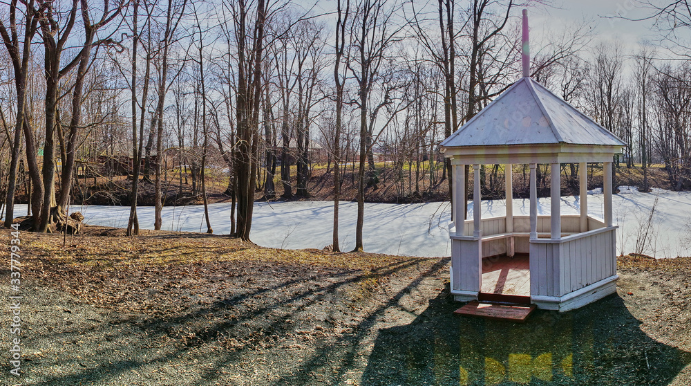 Park panoramic landscape with a gazebo.Spring landscape in the park of ...