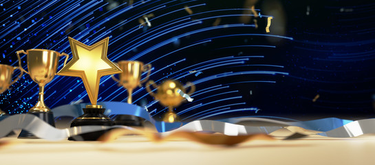 Wall Mural - golden trophy cup with falling confetti. copy space for text. 3d rendering.