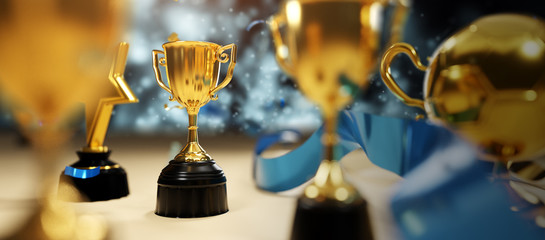 Wall Mural - golden trophy cup with falling confetti. copy space for text. 3d rendering.