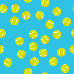 Seamless pattern of green tennis balls on light blue background. Summer sport vector print. Design for textile, wallpaper, sport equipment and banner. Sports, fitness, activity vector illustration.