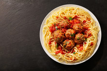 Plate Of Pasta With Meatballs, Top View