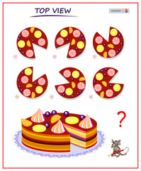 Wall Mural - Logic puzzle game for children and adults. Need to find correct top view of cake. Printable page for brain teaser book. Developing spatial thinking skills. IQ training test. Vector cartoon image.