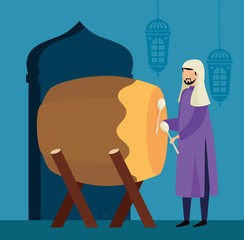 man muslim with bedug drum traditional vector illustration design