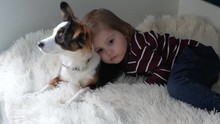 A Little Girl With Long Hair, In A Cat And Pants Lies In Her Bedroom On A Small Dog Of White And Brown, In A Bed Covered With A Cream-colored Blanket And Hugs The Puppy With Love. The Dog Looks Around