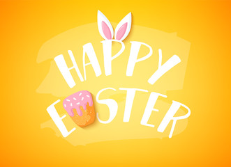 Wall Mural - Happy Easter banner with text, Easter cake and rabbit ears on orange background. Vector card.