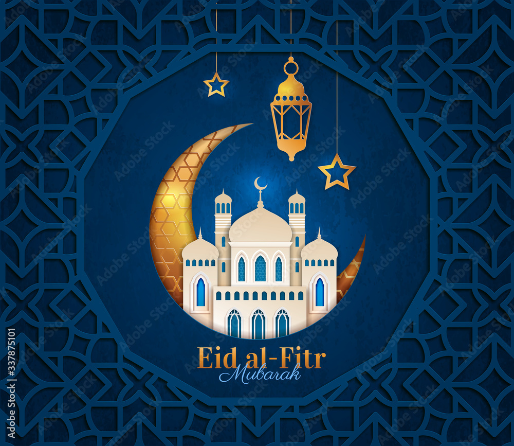 Eid al Fitr design concept marking the end of Ramadan and the Festival of Breaking the Fast in gold and midnight blue with text, vector illustration - obrazy, fototapety, plakaty 