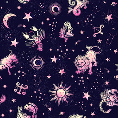 Wall Mural - Space Galaxy constellation seamless pattern print could be used for textile, zodiac star yoga mat, phone case