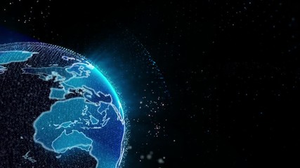 Fototapete - Earth Rotating Depth of Field Close UP Moving To Bottom Left Corner Position Animation Background. Digital Globe Copy Space For Business Information 4K Futuristic Footage.