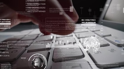 man working on laptop computer keyboard with graphic user interface gui hologram showing concepts of