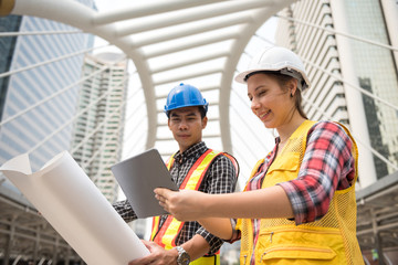 engineer team check construction project in app