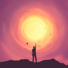 Wall Mural - Copy space of man raise hand up on top of mountain and sunset sky abstract background.