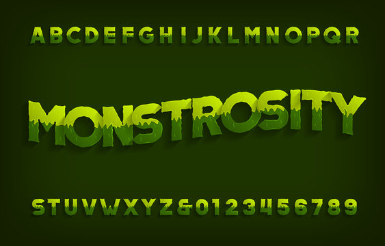 Monstrosity alphabet font. Hand drawn slime letters and numbers. Vector typography for your design.