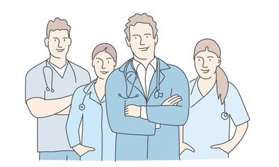 Sticker - Group of doctors  with arms crossed. Concept teamwork in hospital. Hand drawn vector illustration.