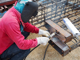 Welding work ,worker with protective welding metal on construction