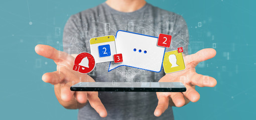 Poster - Businessman holding Social network notifications - 3d rendering