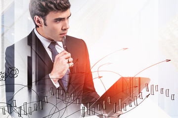 Poster - Pensive man with clipboard in city financial chart
